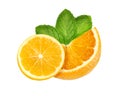 Slice of sweet juicy orange and lemon fruit with mint leaves isolated on white Royalty Free Stock Photo