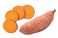 slice sweet potato isolated on white background closeup. Top view. Flat lay.