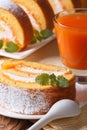 Slice of sweet pumpkin roll on a plate. Vertical Royalty Free Stock Photo