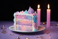 A slice of a tasty, frosted birthday cake adorned with a decorative design and pastel colors