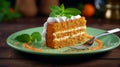 Slice of tasty sweet carrot sponge cake with cream decorated with mint leaf served on plate with spoon on table on colorful