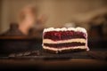 Slice Of Tasy Cake With Chocolate And   Jelled Raspberry Layers