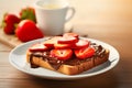 Slice of toast sandwich with cocoa spread and strawberry fruits on plate