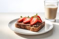 Slice of toast sandwich with cocoa spread and strawberry fruits