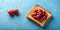 A slice of toasted bread with strawberry jam and fresh strawberries on a blue background. Generative AI Royalty Free Stock Photo