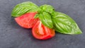 Slice of tomato with basil leaves
