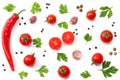 Slice of tomato with chili pepper, garlic and parsley isolated on white background. top view Royalty Free Stock Photo