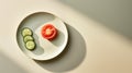 A slice of tomato and cucumber on a plate, top view, empty light space