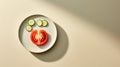 A slice of tomato and cucumber on a plate, top view, empty light space