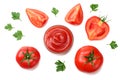 slice of tomato with parsley and glass bowl of ketchup isolated on white background. top view