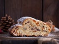Slice traditional European cake Stollen with nuts and candied fruit