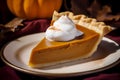 Slice of traditional pumkin pie with a dollop of whipped cream, generative AI Royalty Free Stock Photo