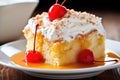 into a slice of tres leches cake