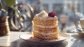 Slice of Tres Leches cake on a Parisian cafe table, bathed in warm afternoon sunlight.