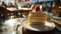 Slice of Tres Leches cake on a Parisian cafe table, bathed in warm afternoon sunlight.