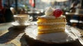 Slice of Tres Leches cake on a Parisian cafe table, bathed in warm afternoon sunlight.