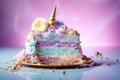 Slice of unicorn cream cake on pastel colored background