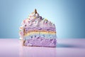 Slice of unicorn cream cake on pastel colored background