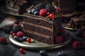 A slice of vegan chocolate cake layered with rich ganache.Â 