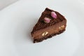 Slice of vegan chocolate nut cake on white plate close-up Royalty Free Stock Photo