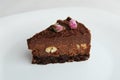 Slice of vegan chocolate nut cake on white plate close-up Royalty Free Stock Photo