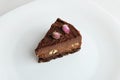 Slice of vegan chocolate nut cake on white plate close-up top view Royalty Free Stock Photo