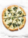 Slice of vegetarian potato, kale cabbage, mozzarella cheese pizza on a light background, top view Royalty Free Stock Photo