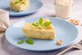 Slice of veggie pea flour omelet and basil herbs on light gray background