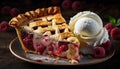 A Slice Of Warm Apple Pie With A Scoop Of Vanilla Ice Cream And A Drizzle Of Raspberry Jam. Generative AI