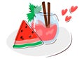 A slice of watermelon and a glass of fresh juice. Juicy refreshing favorite cocktail drink. Sweet healthy summer fruit