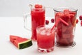 Slice of watermelon. Homemade refreshing fruit beverage from watermelon. Pieces of watermelon in blender jar. Watermelon juicy