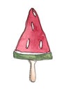 A slice of watermelon ice cream on a white background.