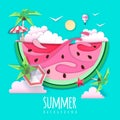 Slice of watermelon with sea or osean island landscape inside. Summer beach background. Cut out paper art style design. Origami