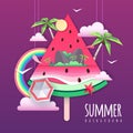 Slice of watermelon with sea or osean island landscape inside. Summer beach background. Cut out paper art style design. Origami