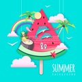 Slice of watermelon with sea or osean landscape and dolphin inside. Summer beach background. Cut out paper art style design.