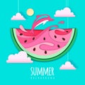 Slice of watermelon with sea or osean landscape and dolphin inside. Summer beach background. Cut out paper art style design.