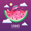 Slice of watermelon with sea or osean landscape and dolphin inside. Summer beach background. Cut out paper art style design.