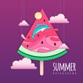 Slice of watermelon with sea or osean landscape and dolphin inside. Summer beach background. Cut out paper art style design.