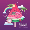 Slice of watermelon with sea or osean landscape and flamingo inside. Summer beach background. Cut out paper art style design.