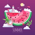 Slice of watermelon with sea or osean landscape inside and lighthouse. Summer beach background. Cut out paper art style design.