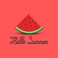 Slice of watermelon with shadow isolated on red background 3d food illustration, slogan hello summer handwritten text for