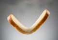 A slice of white bread is bent into a V-shape, suspended against a neutral gray background. Crumbs Royalty Free Stock Photo