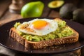 Slice of whole grain toast with mashed avocado and perfectly poached eggs on top, AI Generated Royalty Free Stock Photo
