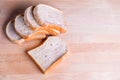 Slice whole wheat bread on wooden floor background