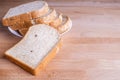 Slice whole wheat bread on wooden floor background