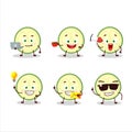 Slice of zucchini cartoon character with various types of business emoticons