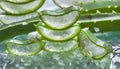 Sliced aloe, slices in transparent gel. Fresh green slices of aloe vera plant.