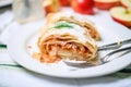 sliced apple strudel with oozy apple filling close-up Royalty Free Stock Photo