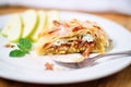 sliced apple strudel with oozy apple filling close-up Royalty Free Stock Photo