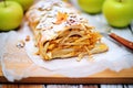 sliced apple strudel with oozy apple filling close-up Royalty Free Stock Photo